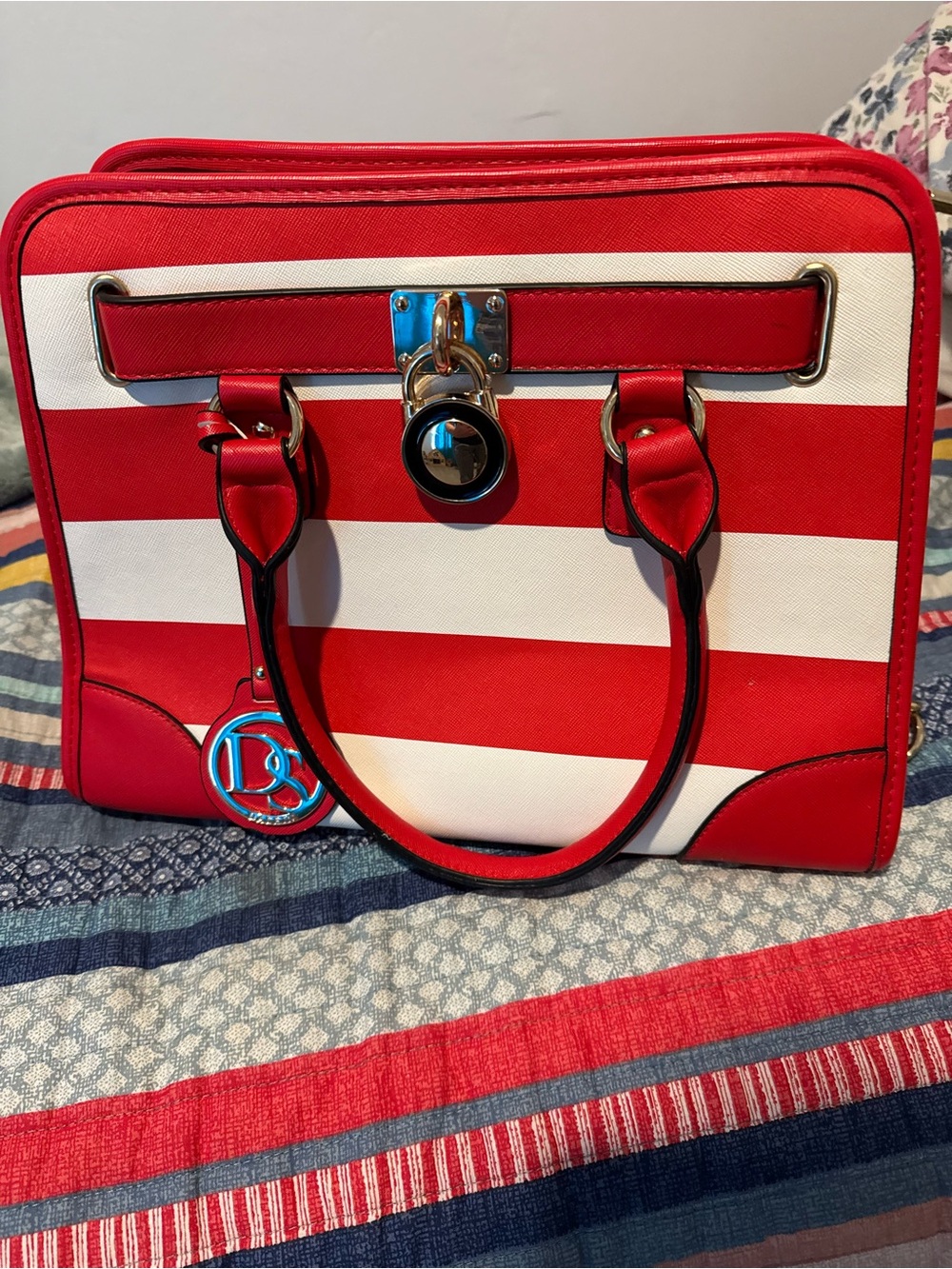 Striped Red & White Women’s Satchel with Gold Accent